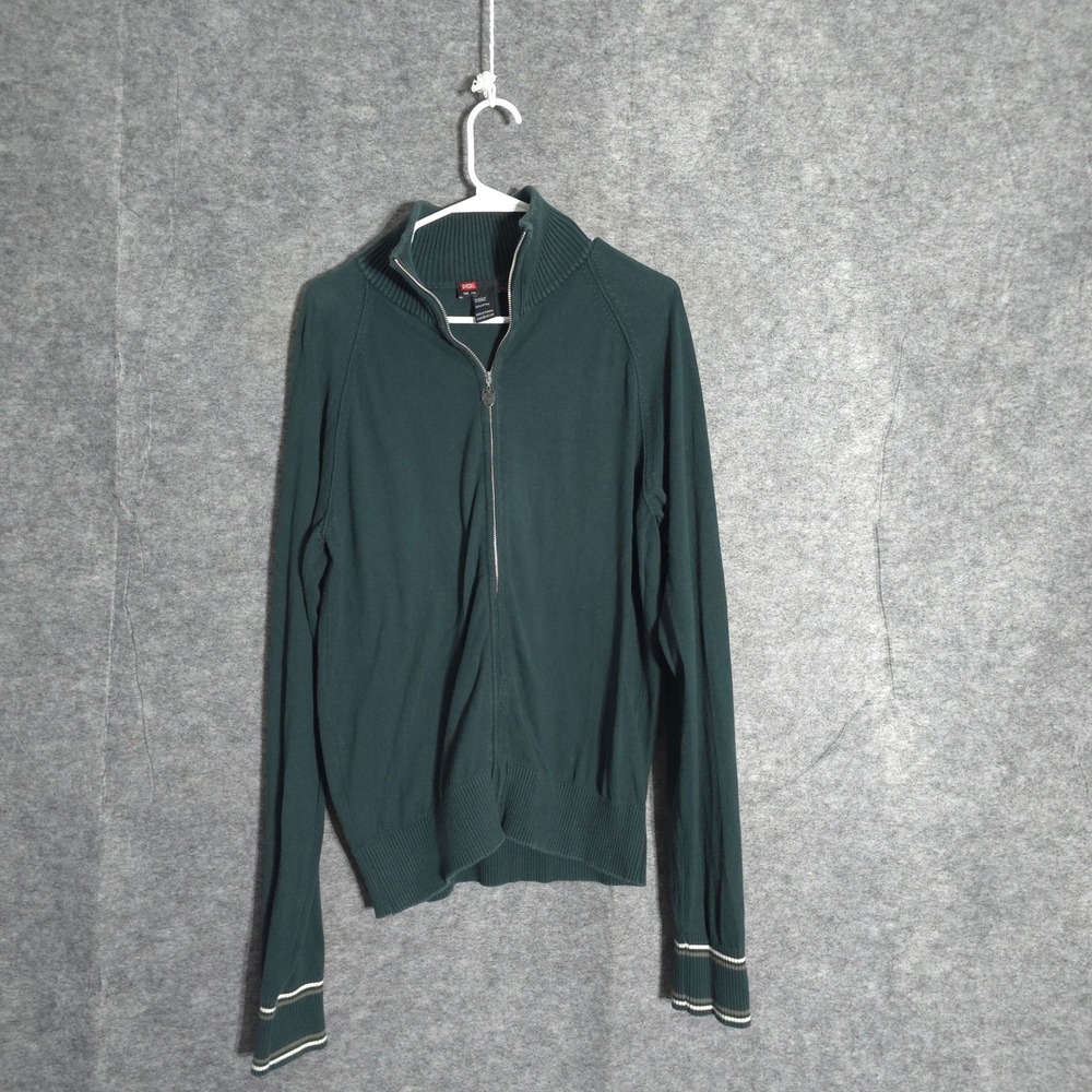 Diesel Full Zip Cardigan Mens XXL Green Cotton Mock Neck Striped Cuff 00ECAL